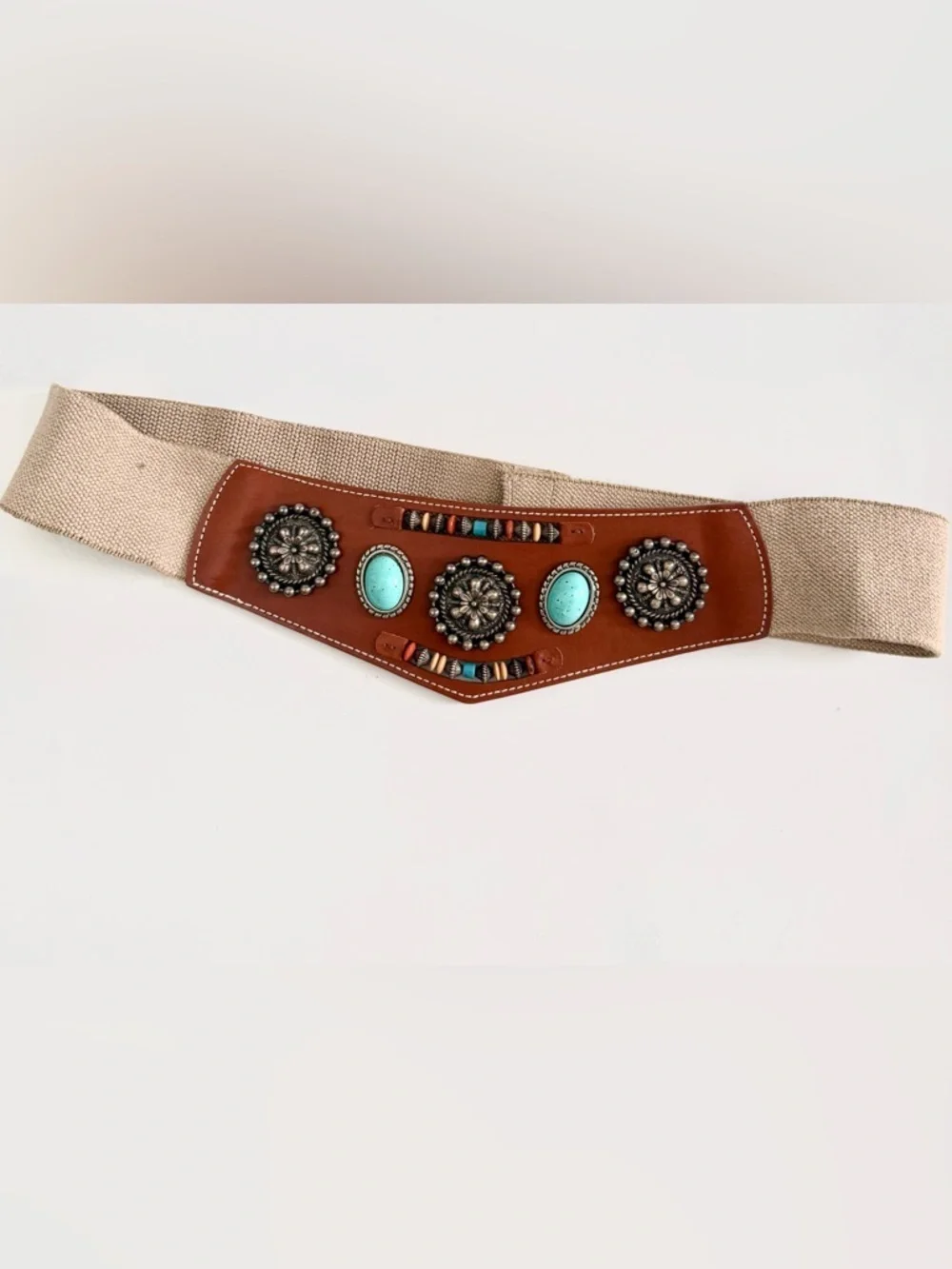 Patricia Green Details Vintage Belt Beaded Silver Turquoise Boho Woven Leather